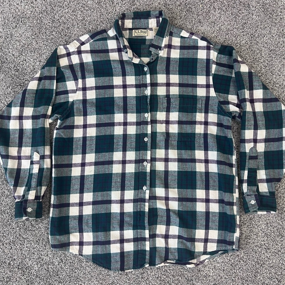 Vtg L.L Bean Green Purple Button Down Flannel Plaid 100% Cotton Shirt Women’s M